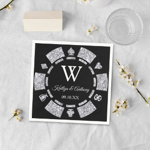 Silver Glitter Monogram Poker Chip Casino Wedding Napkin