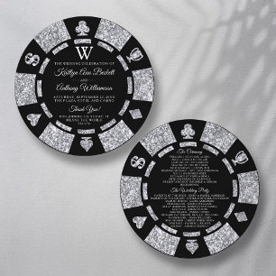 Silver Glitter Monogram Poker Chip Casino Wedding Program