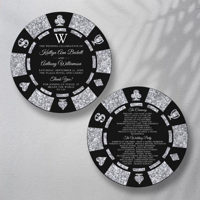 Silver Glitter Monogram Poker Chip Casino Wedding Program (Creator Uploaded)