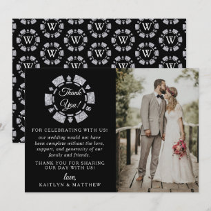 Silver Glitter Monogram Poker Chip Casino Wedding Thank You Card
