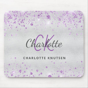 Silver glitter monogram purple name metallic mouse pad