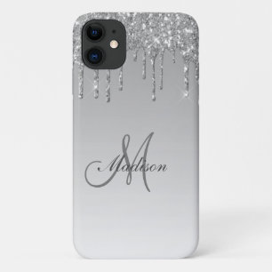 Silver Glitter Monogram Sparkles Glam Girly Pretty iPhone 11 Case