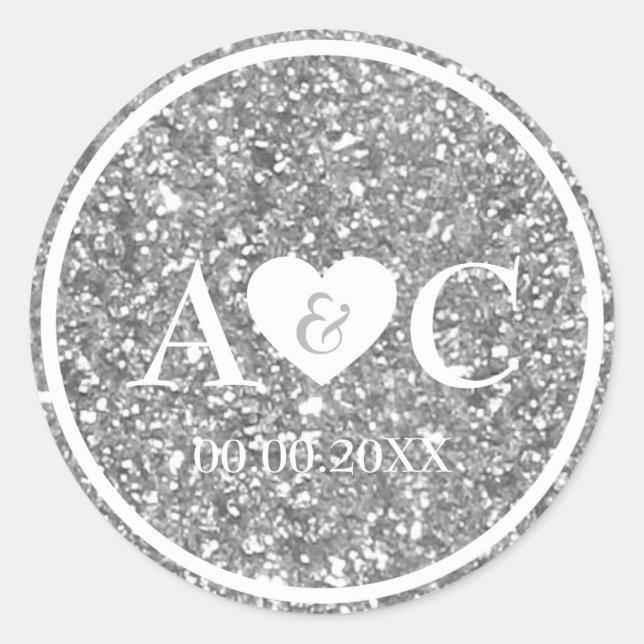 Silver glitter monogram wedding favour classic round sticker (Front)
