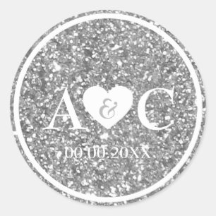 Silver glitter monogram wedding favour classic round sticker