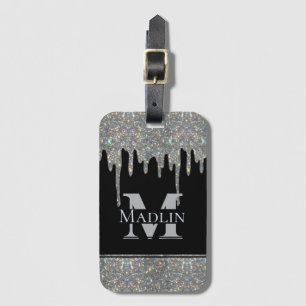 silver glitter monogramed luggage tag