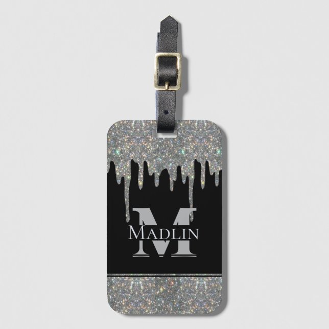 silver glitter monogramed luggage tag (Front Vertical)