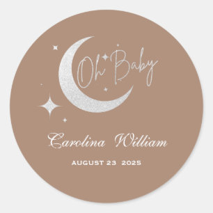 Silver glitter moon and stars oh baby shower classic round sticker