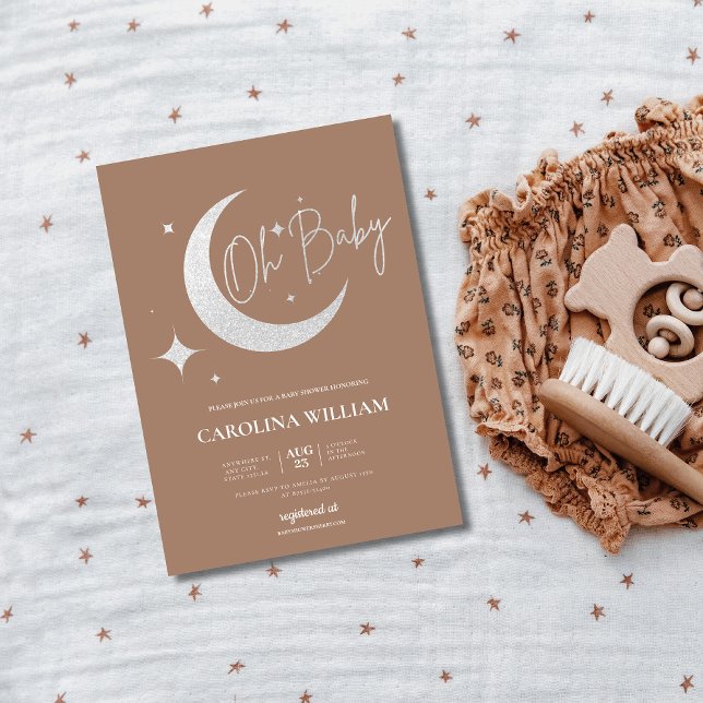 Silver glitter moon and stars oh baby shower invitation (Creator Uploaded)