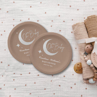 Silver glitter moon and stars oh baby shower paper plate