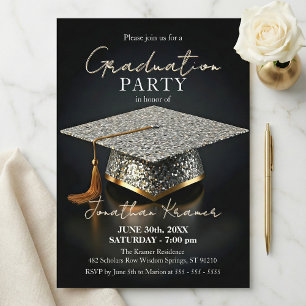 Silver Glitter Mosaic Black Gold Graduation Party Invitation