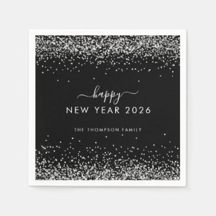 Silver Glitter Name Black Happy New Year 2026 Napkin