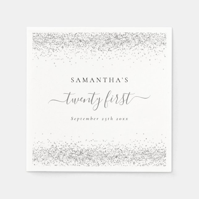 Silver Glitter Name Date Twenty First Party Napkin (Front)