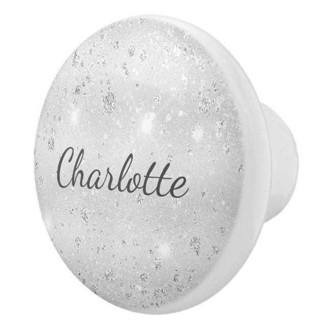 Silver glitter name elegant glamourous ceramic knob (Right)