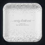 Silver Glitter Name Merry Christmas White Paper Plate<br><div class="desc">Silver Glitter Name Merry Christmas White. A touch of sparkle for your festive table, with a border of faux glitter at the top and bottom, and Merry Christmas is in an elegant handwritten style script. Easily personalise with your name and return address. You can also change the text and background...</div>