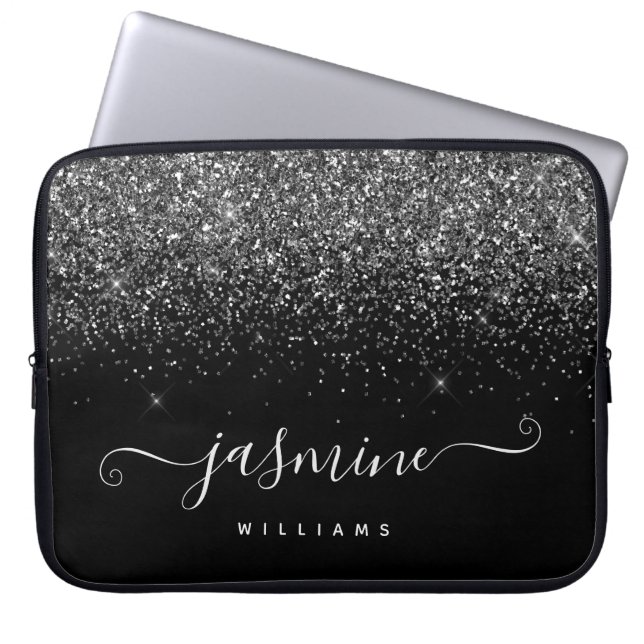 Silver glitter name monogram on black background laptop sleeve (Front)