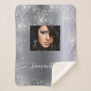 Silver glitter name photo script sherpa blanket