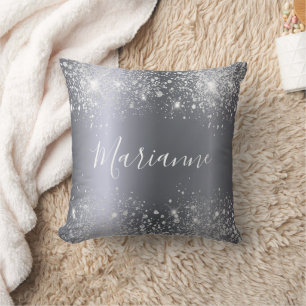 Silver glitter name script cushion