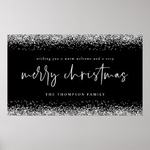 Silver Glitter Name Welcome Merry Christmas Black Poster
