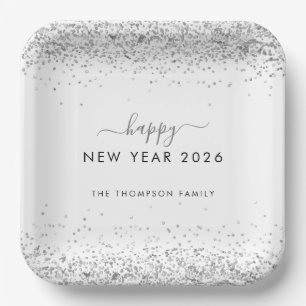 Silver Glitter Name White Happy New Year 2026 Paper Plate