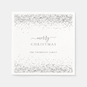 Silver Glitter Name White Merry Christmas Napkin