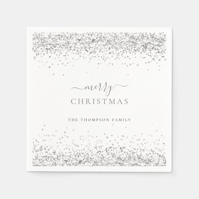 Silver Glitter Name White Merry Christmas Napkin (Front)