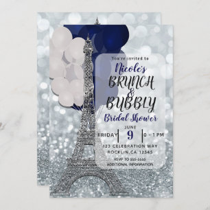 Silver Glitter Navy Balloons Eiffel Tower Paris Invitation
