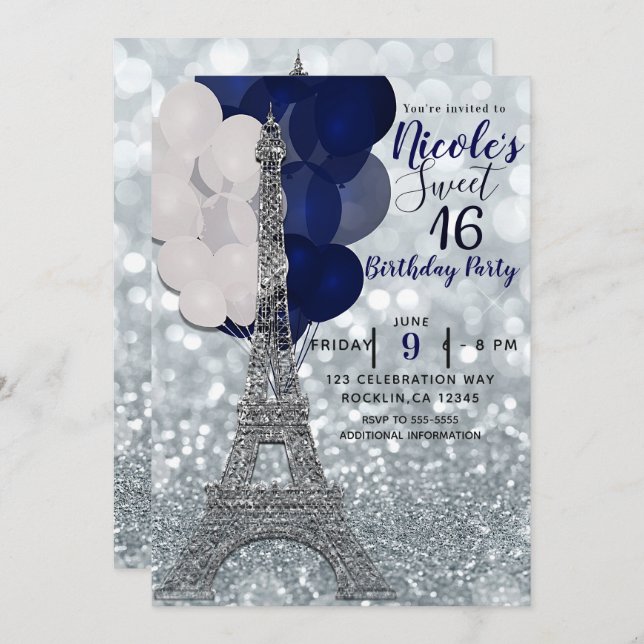 Silver Glitter Navy Balloons Paris Eiffel Tower Invitation (Front/Back)
