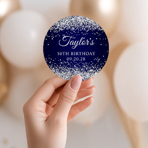 Silver Glitter Navy Blue 50th Birthday Classic Round Sticker
