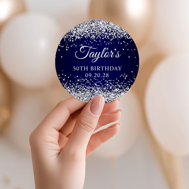 Silver Glitter Navy Blue 50th Birthday Classic Round Sticker (Silver Glitter Navy Blue 50th Birthday Classic Round Sticker)