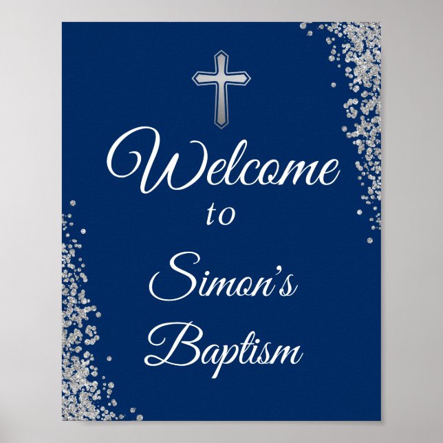 Silver Glitter Navy Blue Baptism Welcome Poster (Front)