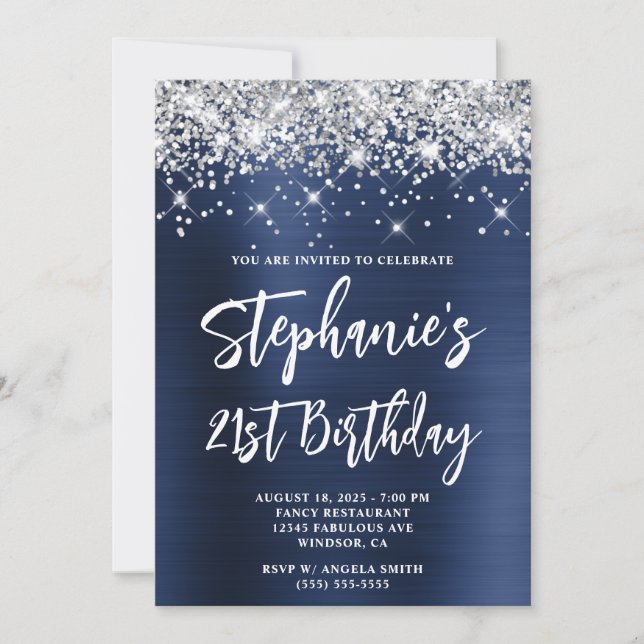 Silver Glitter Navy Blue Bold 21st Birthday Invitation (Front)