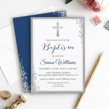 Silver Glitter Navy Blue Boy Baptism Invitation
