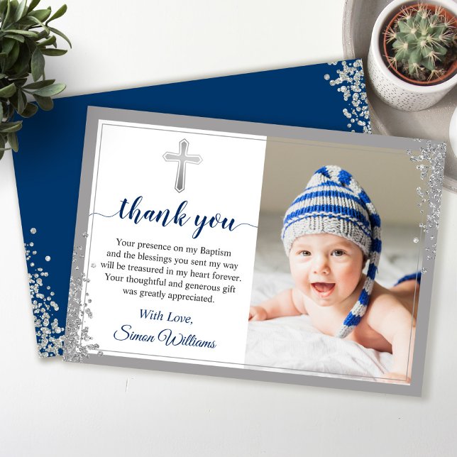 Silver Glitter Navy Blue Boy Baptism Script Thank You Card (Creator Uploaded)