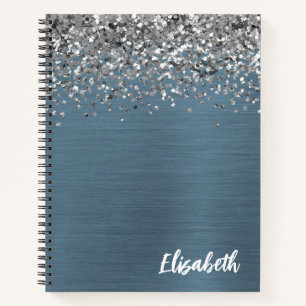 Silver Glitter Navy Blue Brushed Metal Monogram Notebook