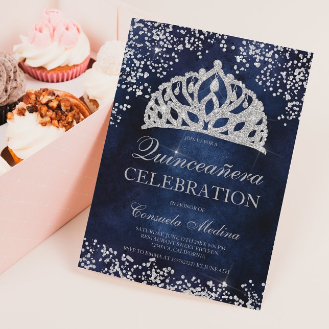 Silver glitter navy blue cement tiara Quinceañera Invitation (Creator Uploaded)