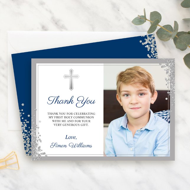 Silver Glitter Navy Blue Communion Thank you Card (Creator Uploaded)