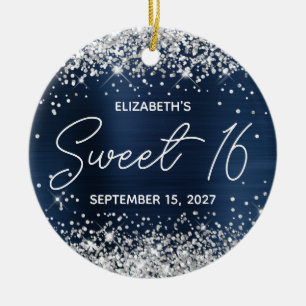 Silver Glitter Navy Blue Fancy Sweet 16 Photo Ceramic Ornament