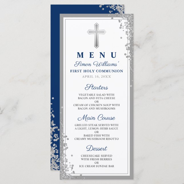 Silver Glitter Navy Blue First Communion Menu (Front/Back)