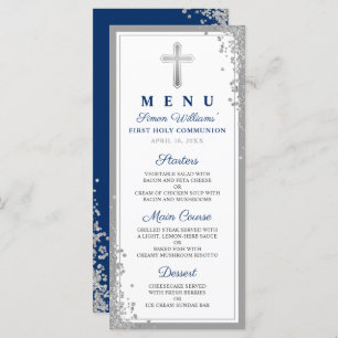 Silver Glitter Navy Blue First Communion Menu