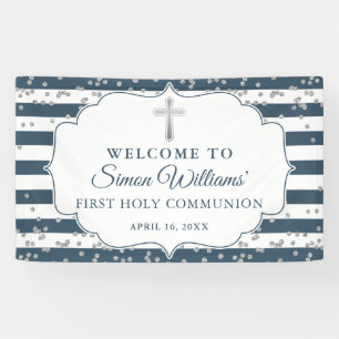 Silver Glitter Navy Blue First Holy Communion Banner