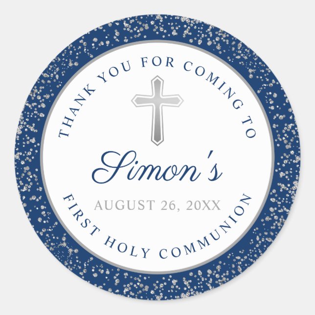 Silver Glitter Navy Blue First Holy Communion Classic Round Sticker (Front)