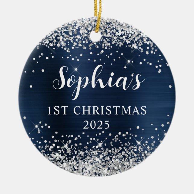Silver Glitter Navy Blue Foil 1st Christmas Photo Ceramic Ornament (Front)