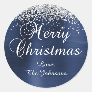 Silver Glitter Navy Blue Foil Merry Christmas Classic Round Sticker