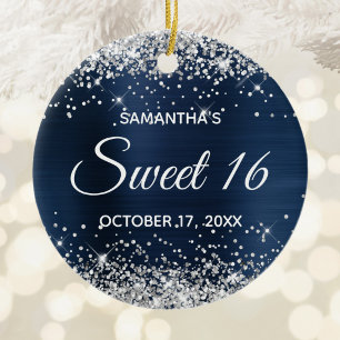 Silver Glitter Navy Blue Foil Sweet 16 Birthday Ceramic Ornament