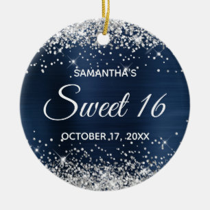 Silver Glitter Navy Blue Foil Sweet 16 Birthday Ceramic Ornament