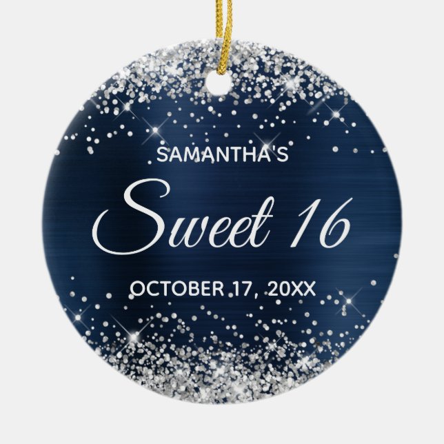 Silver Glitter Navy Blue Foil Sweet 16 Birthday Ceramic Ornament (Front)