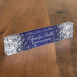 Silver Glitter Navy Blue Gradient Nameplate