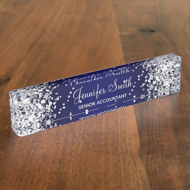 Silver Glitter Navy Blue Gradient Nameplate (Side)