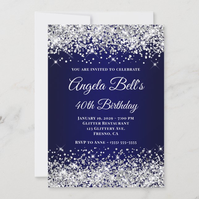 Silver Glitter Navy Blue Monogram 40th Birthday Invitation (Front)