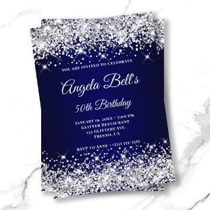 Silver Glitter Navy Blue Ombre Fancy Monogram Invitation